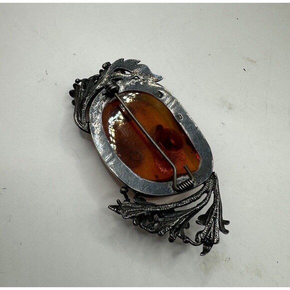 Vintage Sterling Silver Lily Flowers Surrounding Baltic Amber Brooch Pin Signed - Picture 3 of 12